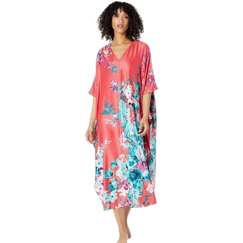 Natori Women's Bloom Caftan, Coral Pink Multi, size Medium